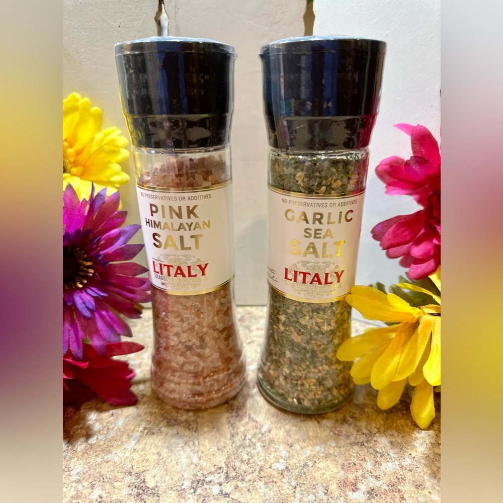 New Set Of 2 Litaly Pink Himalayan Salt 12.9oz & Garlic Sea Salt 9oz Grinders